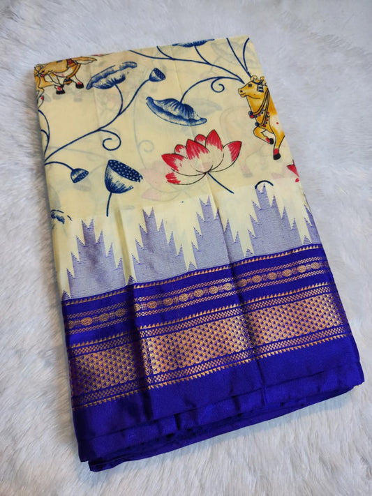 Soft Cream Ilkal–Kalamkari Floral print Fusion Saree