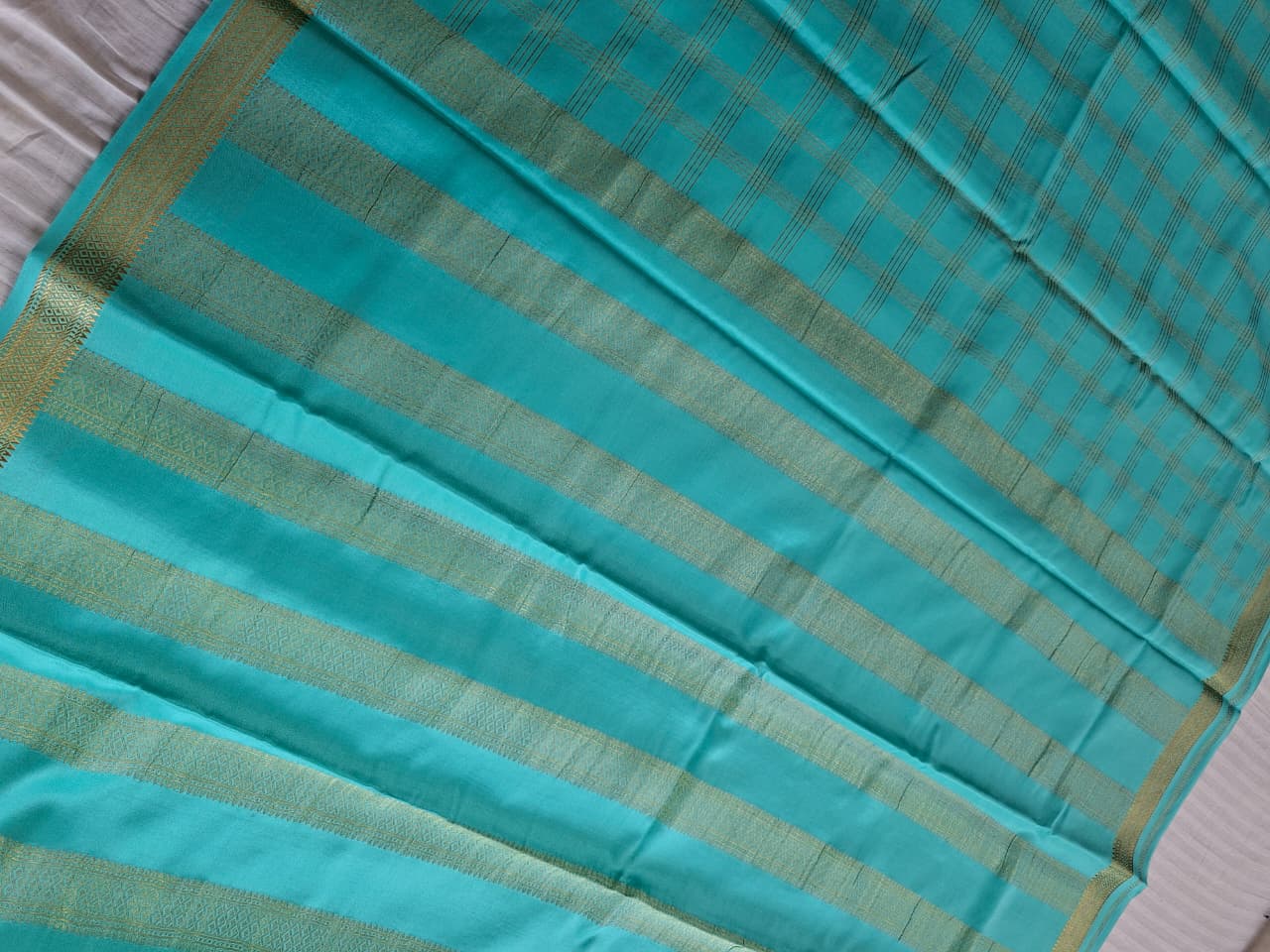 turquoise blue mysore crepe pure silk saree