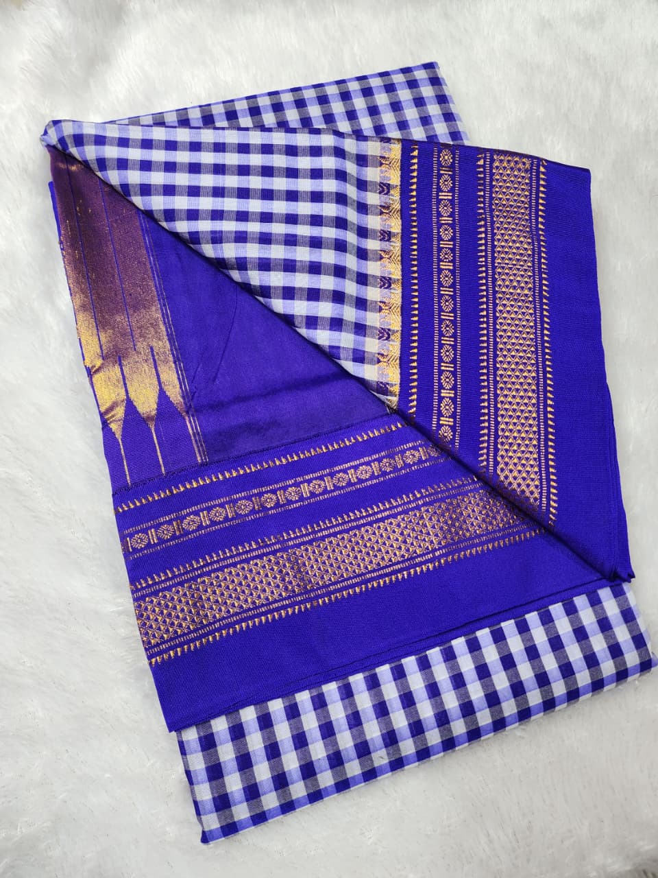 Blue & White Ilkal mini Checks Saree with Rich Pallu