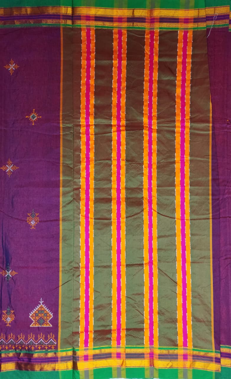 Wine Purple Mustard  Ilkal Kasuti Cotton Saree