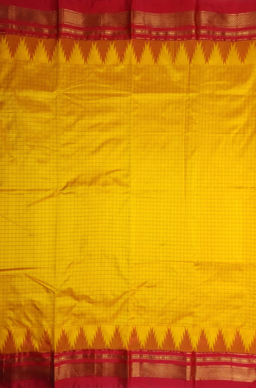 Chaduranga Yellow–Red Ilkal Semi-Silk Saree with Temple Border
