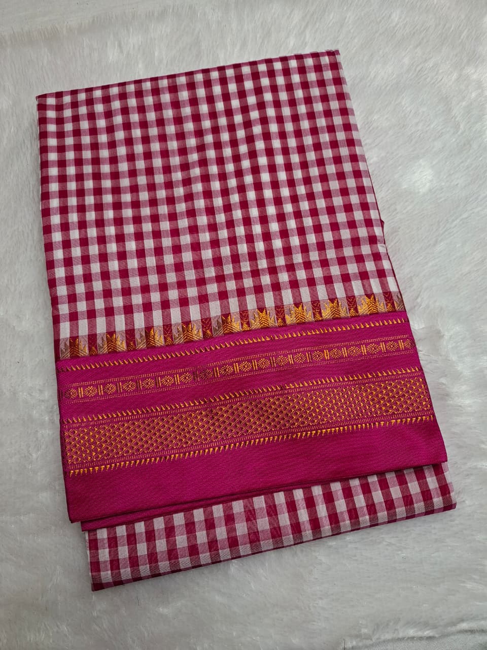 Pink & White Ilkal mini Checks Saree with Rich Pallu