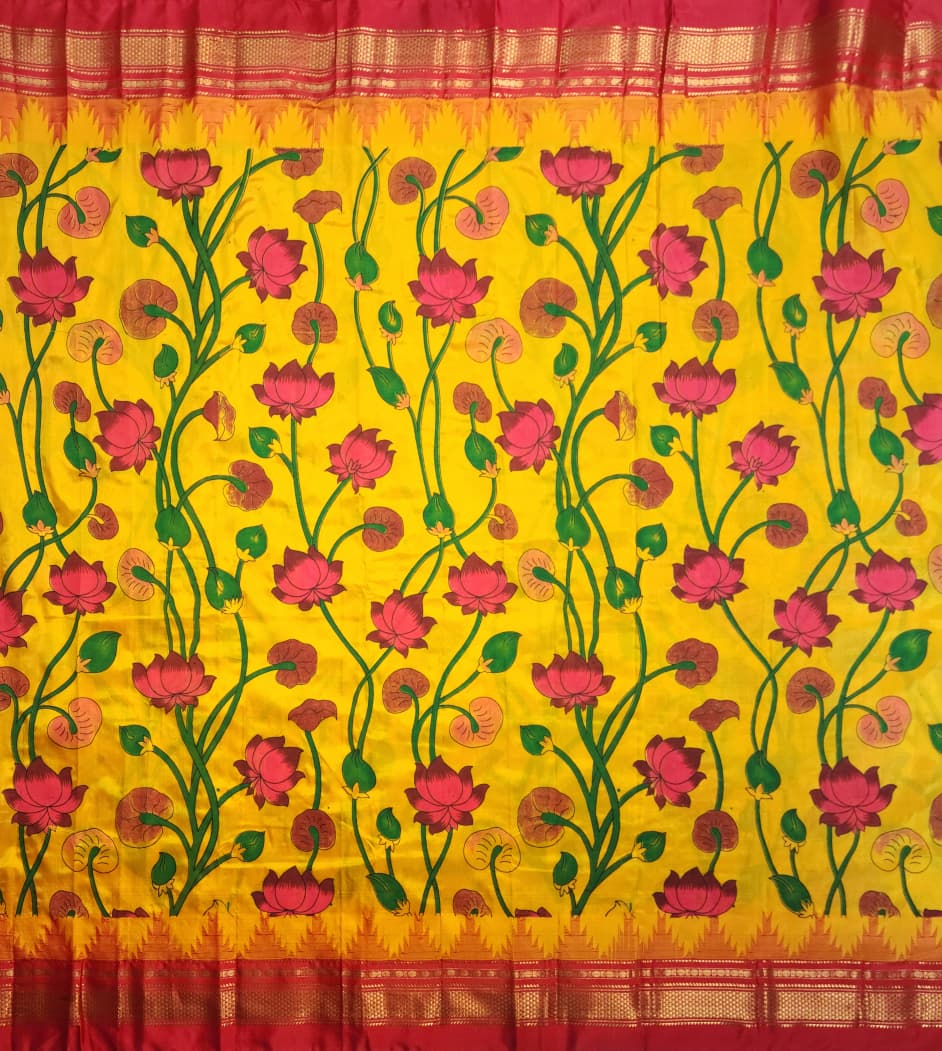 Mustard-Yellow Ilkal–Kalamkari Floral print Fusion Saree