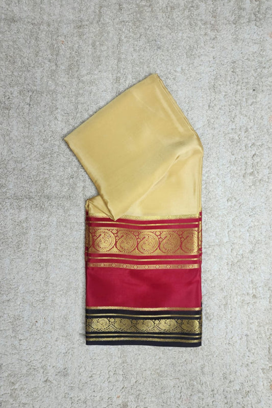 Golden Beige & Maroon Mysore Silk Saree with Zari Borders