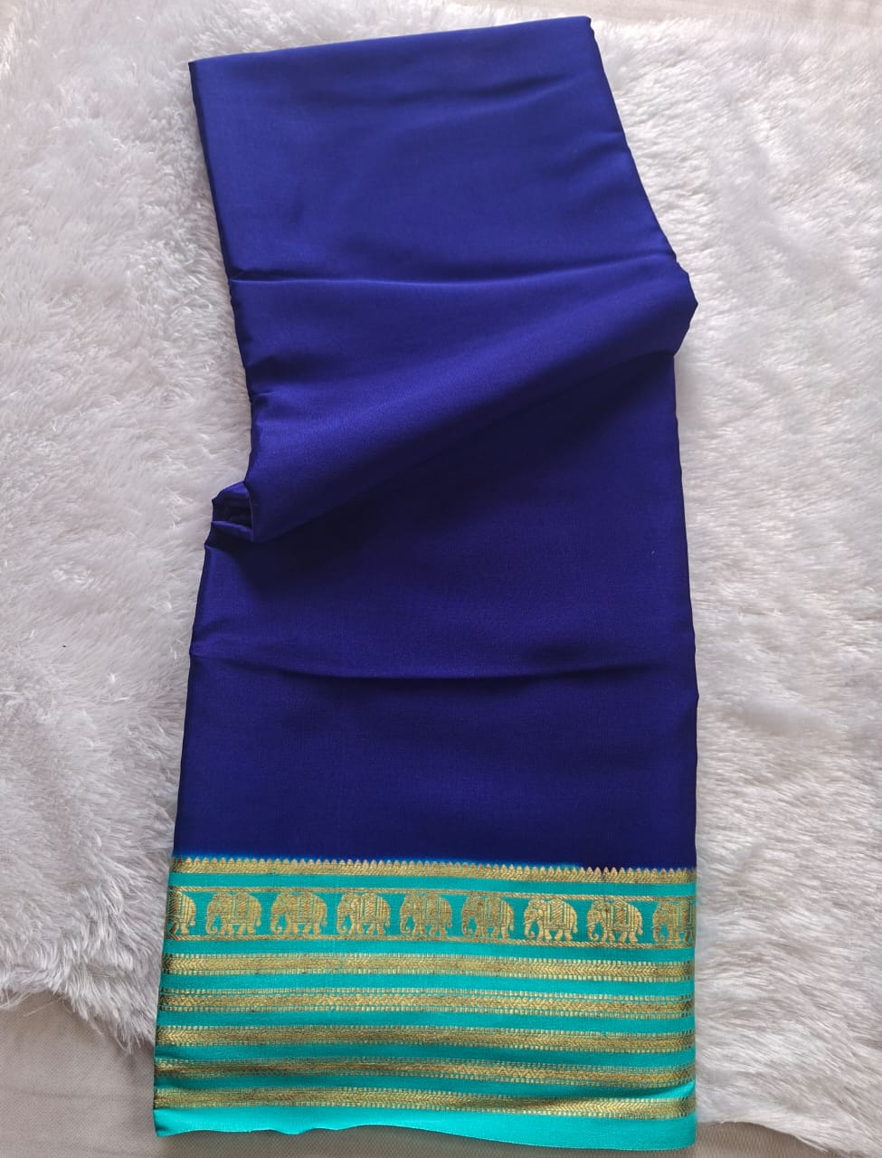 navy blue mysore crepe pure silk with elephant border