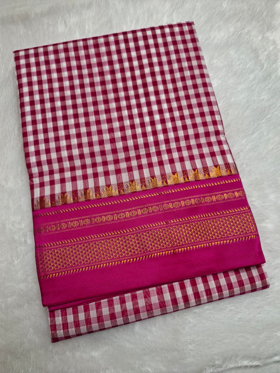 Pink & White Ilkal Mercerized Cotton Saree with Gadwal-Style Border