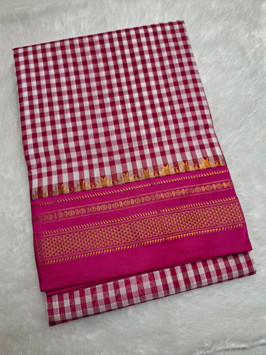 Pink & White Ilkal Mercerized Cotton Saree with Gadwal-Style Border