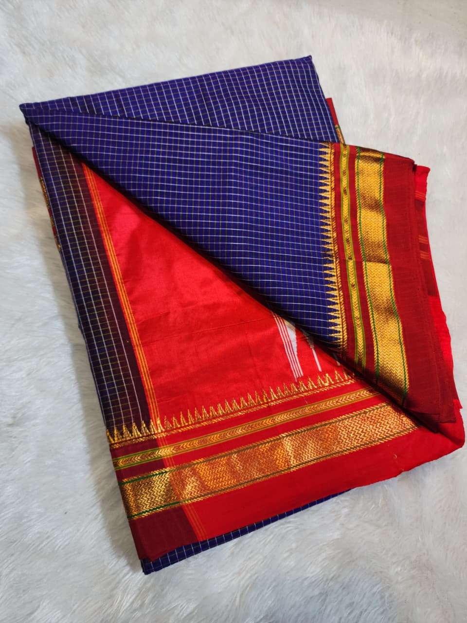 Royal Blue Ilkal Checks Cotton Saree with Thode Paras Border & Silk Pallu
