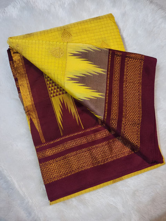 Sunshine Yellow Ilkal Checks Butta Saree with Maroon Zari Border