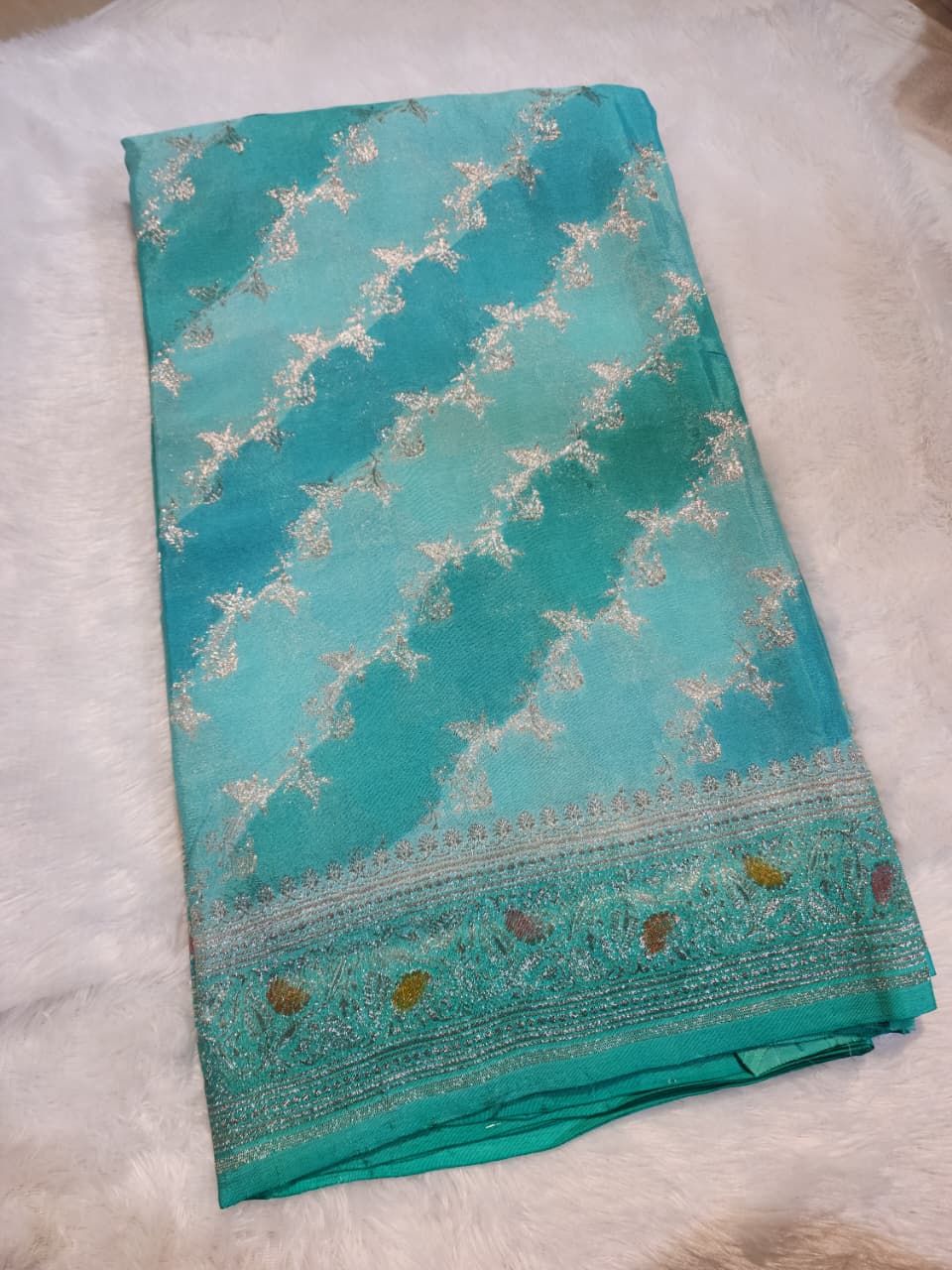 Blue Shaded Banarasi Silk Saree with Silver Floral Vine Zari Weaves