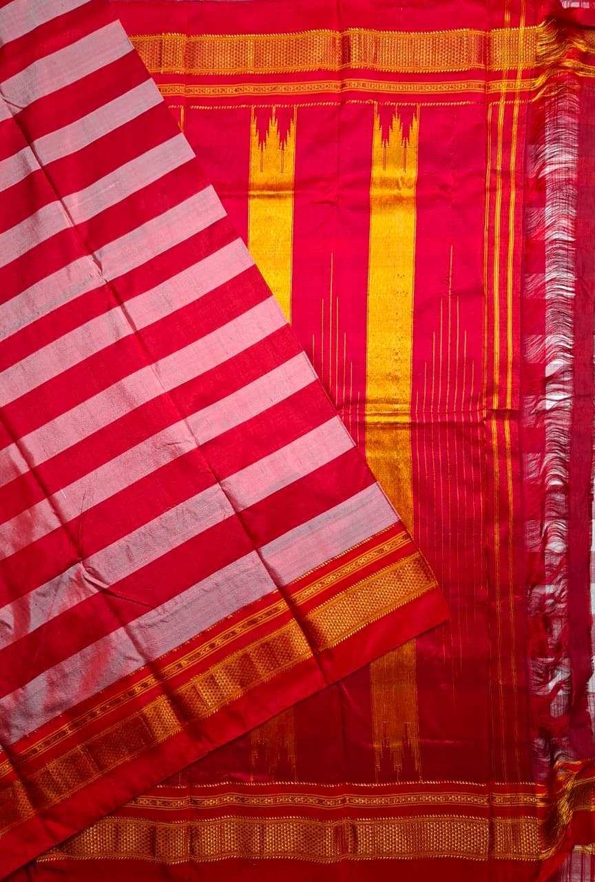 Red-Pink Striped handloom pure silk