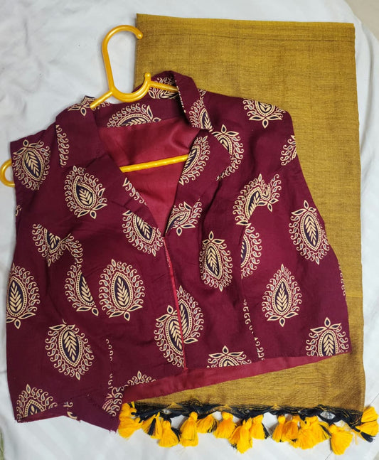 Mustard Khadi Cotton Saree with Ajrakh Black Cotton Blouse