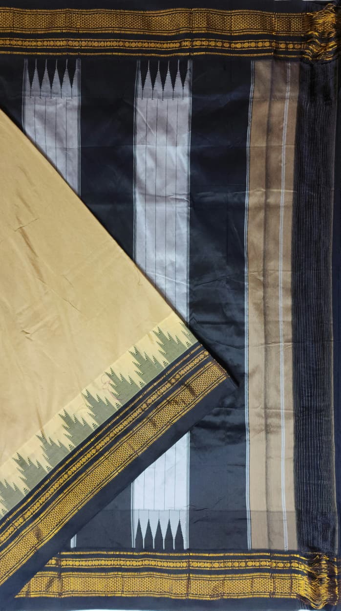 Beige & Black Tana Gadawal Ilkal Cotton Saree