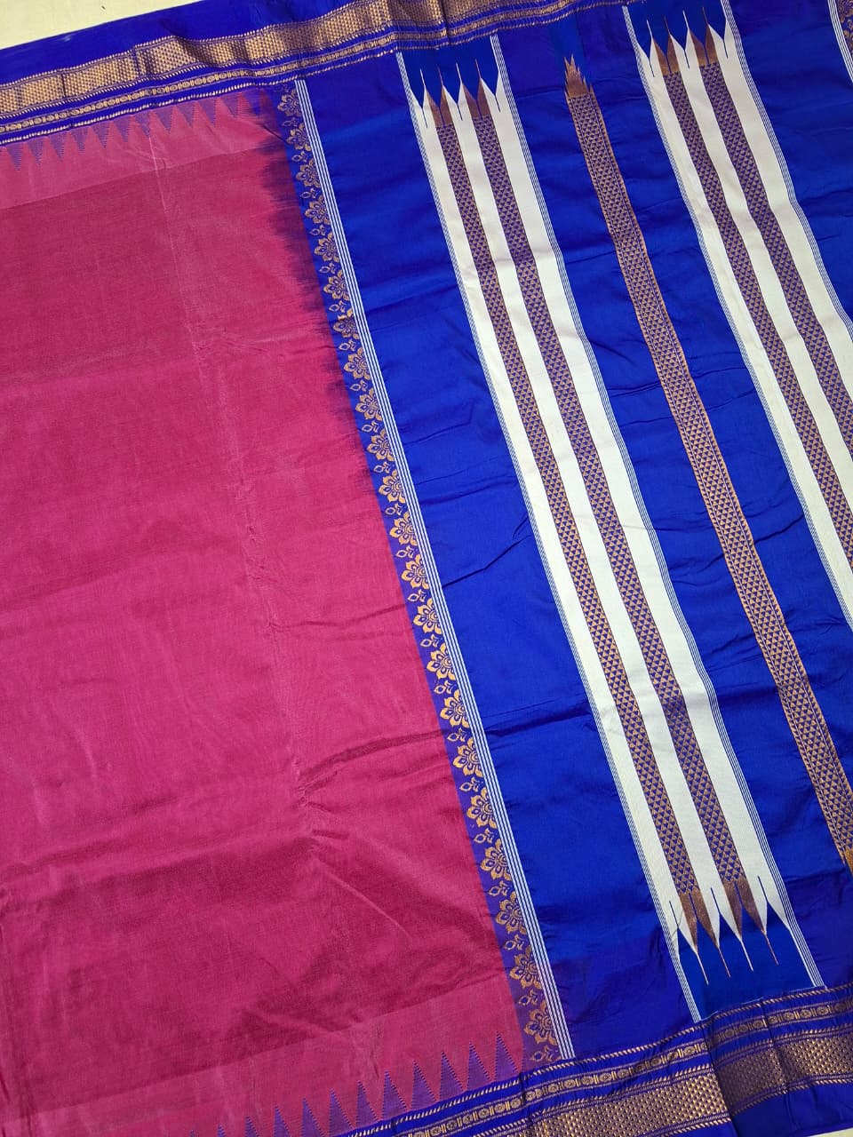 Deep Magenta Ilkal Viscose Silk Saree with Royal Blue Chikki Paras Border