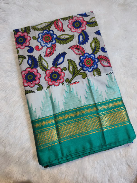 Soft Grey Ilkal–Kalamkari Floral print Fusion Saree