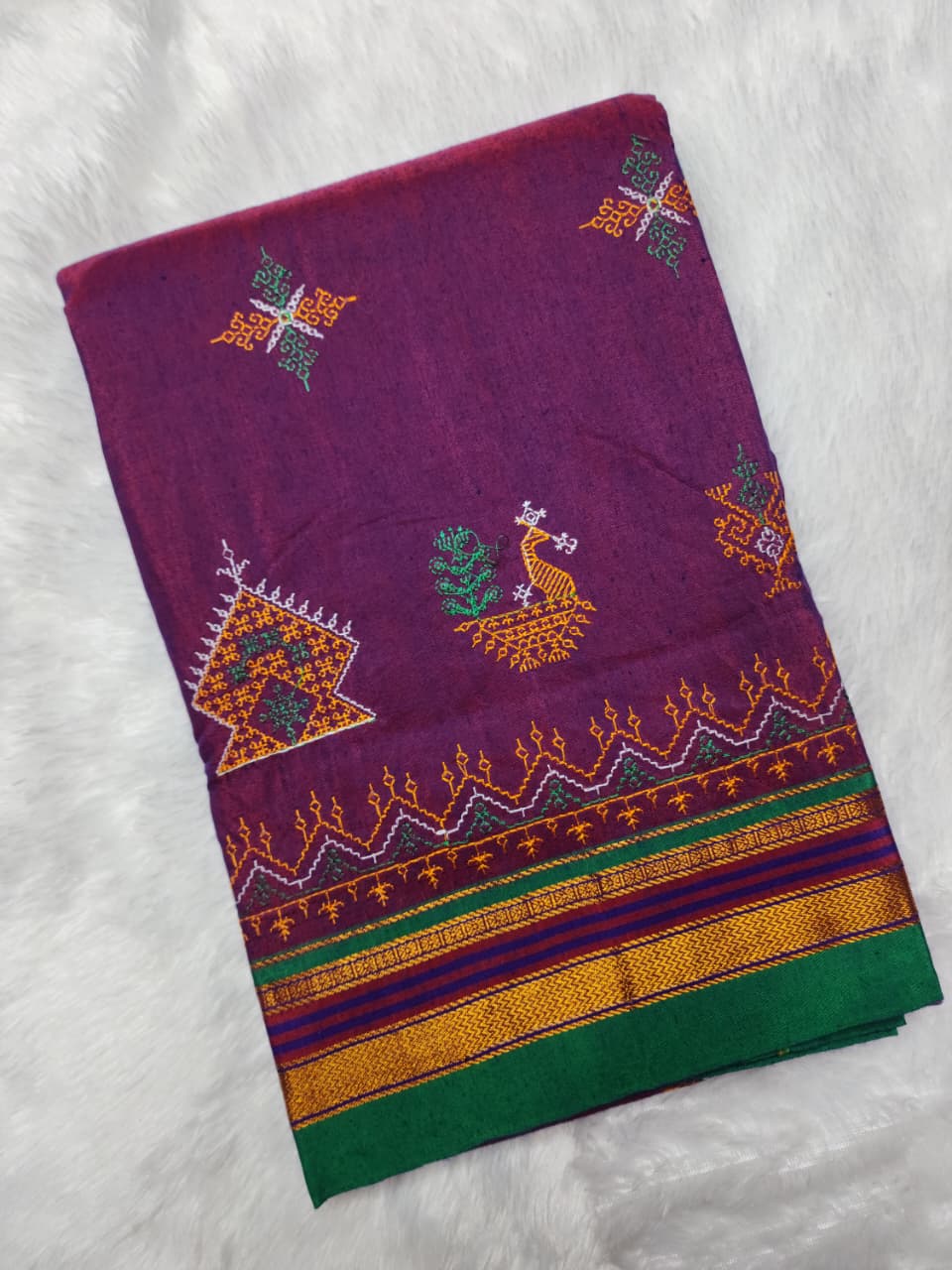 Wine Purple Mustard  Ilkal Kasuti Cotton Saree