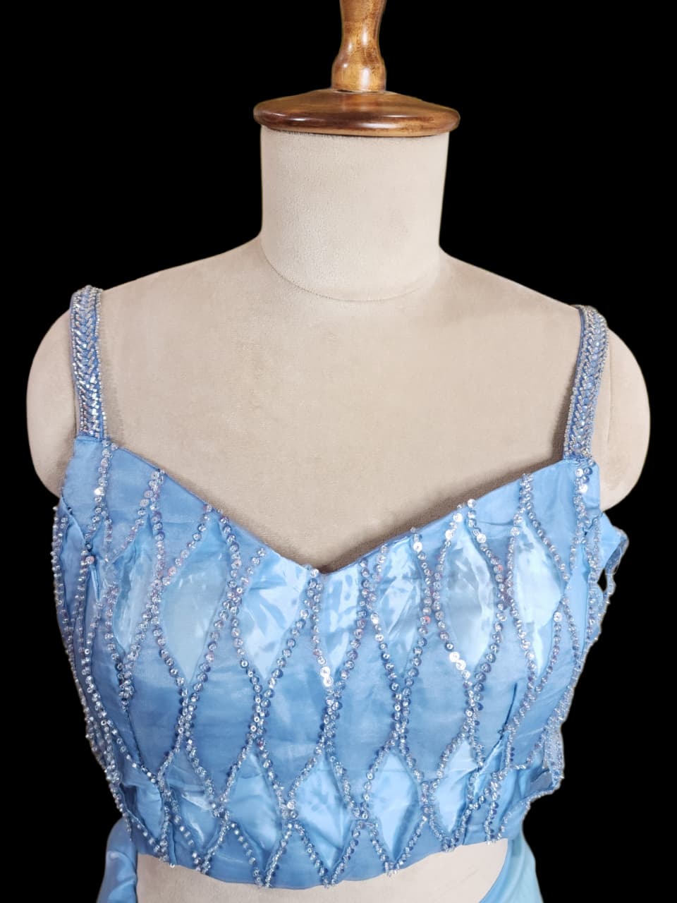 Crystal Dream – Sky Blue  Saree with Mirror-Work Blouse