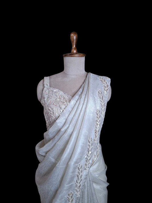 Golden Whispers – Champagne Saree with Sequin Blouse