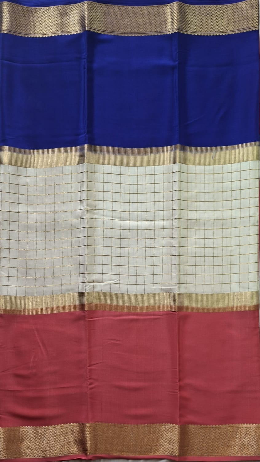 Royal Contrast Pure Mysore Silk Saree with Zari Checks & Heritage Border