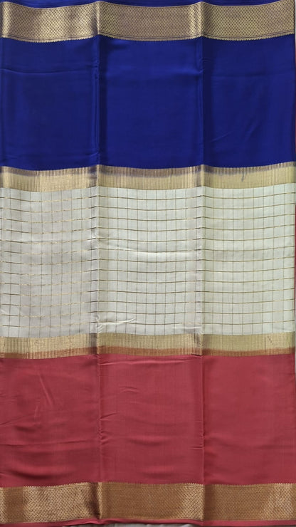 Royal Contrast Pure Mysore Silk Saree with Zari Checks & Heritage Border