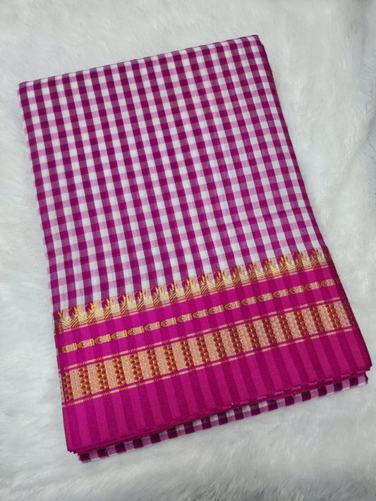 Magenta and White Ilkal mini Checks Saree with Rich Pallu