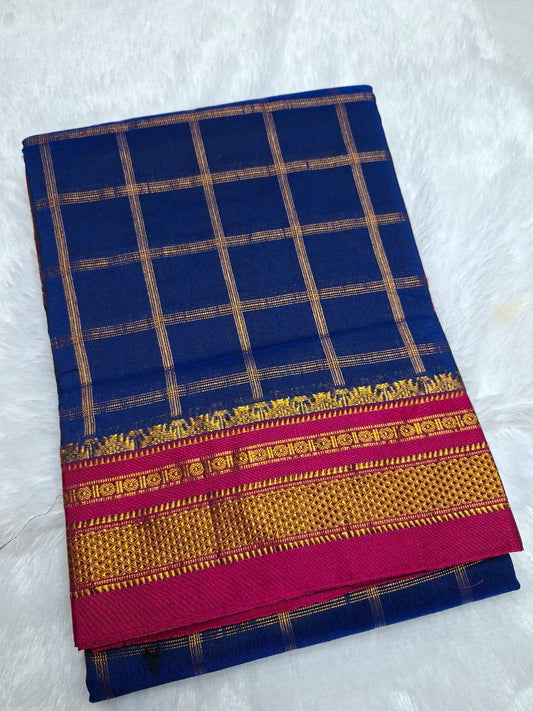 Royal Blue & Rani Pink  Big Jari Checks Ilkal Saree