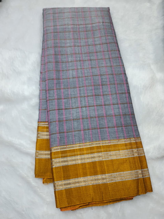 Grey Ilkal Cotton Handloom Checks Saree
