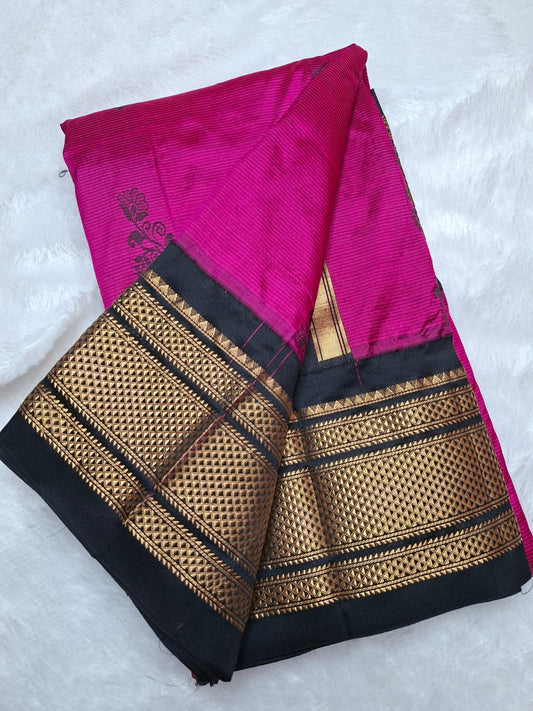 Rani pink & black Ilkal saree with with floral weavings