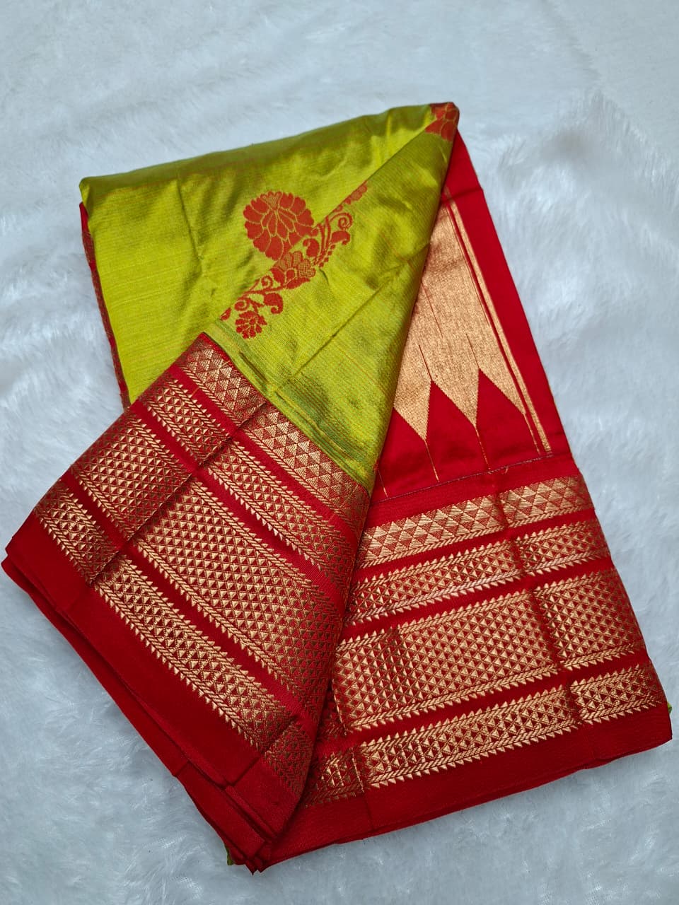 parrot green  & red Ilkal saree with floral weavings
