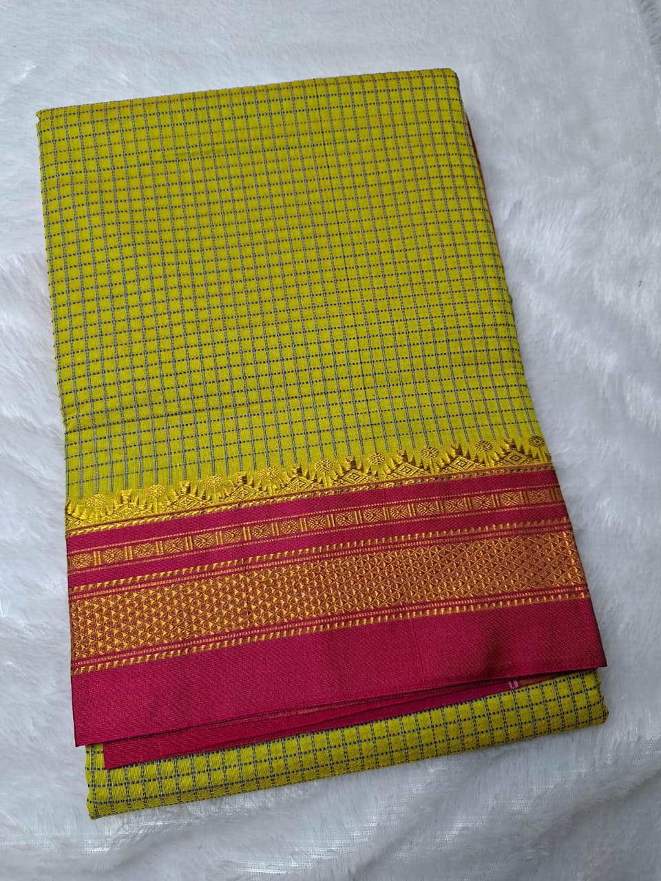 Mustard Yellow thread chaduranga Ilkal with Gadwal  Rani Pink Border