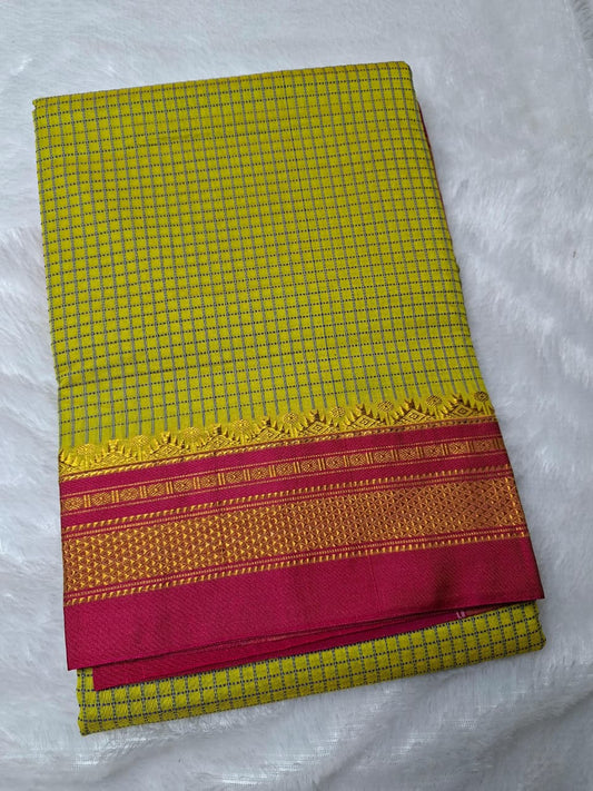 Mustard Yellow thread chaduranga Ilkal with Gadwal  Rani Pink Border
