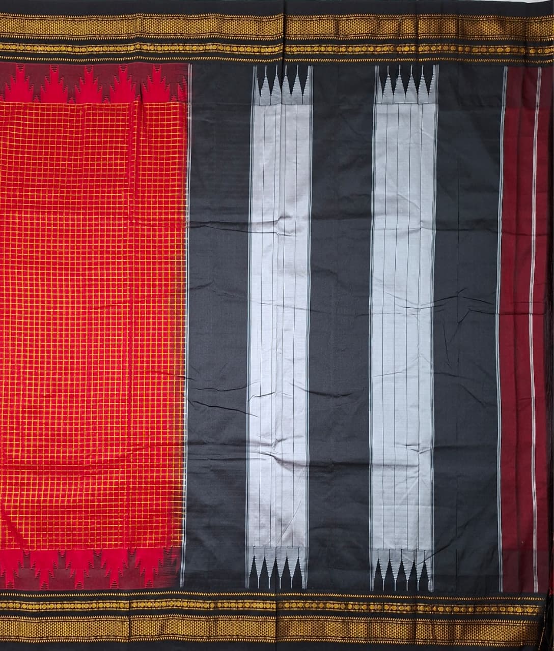Vermilion Red Gadwal Chaduranga Ilkal Cotton Saree with Contrast Zari Border & Pallu