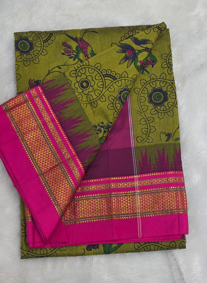 Green Kalamkari Cotton Saree with pink Zari Border