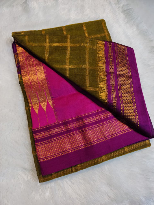 Olive Green  Big Jari Checks Ilkal Saree
