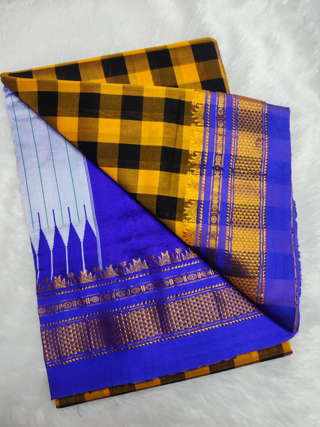 Mustard Yellow and Deep Black Ilkal Big Checks Saree with Rich Pallu