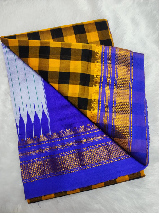 Mustard Yellow and Deep Black Ilkal Big Checks Saree with Rich Pallu