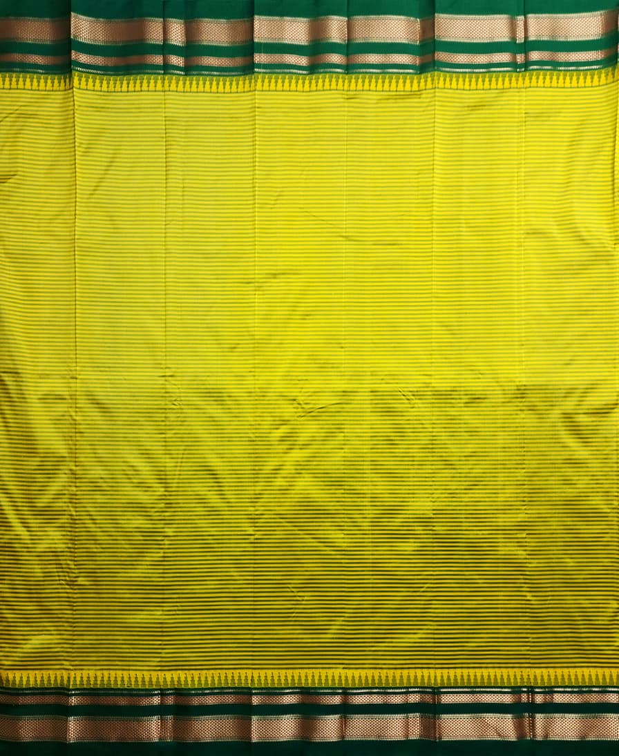 Lime Yellow Gadwal Pure Ilkal Silk Saree with Rapid Stripes