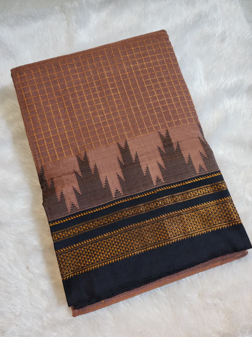 Cocoa-Brown Gadwal Chaduranga Ilkal Cotton Saree with Contrast Zari Border & Pallu