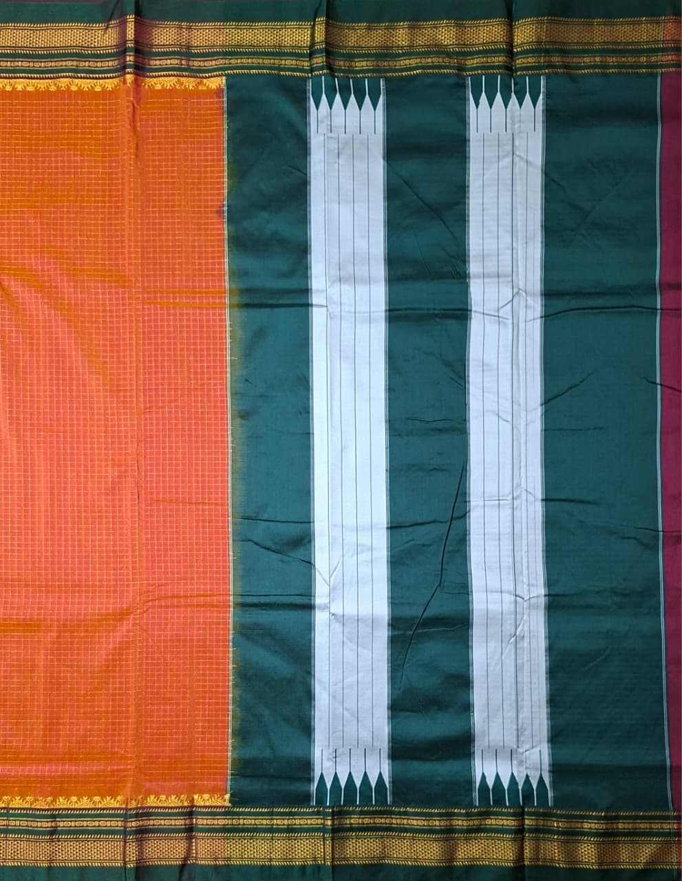 Sunset Orange Mini Checks Ilkal Meera Saree with Deep Bottle Green Border