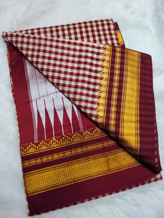 Wine Maroon & ivory Ilkal mini Checks Saree with Rich Pallu