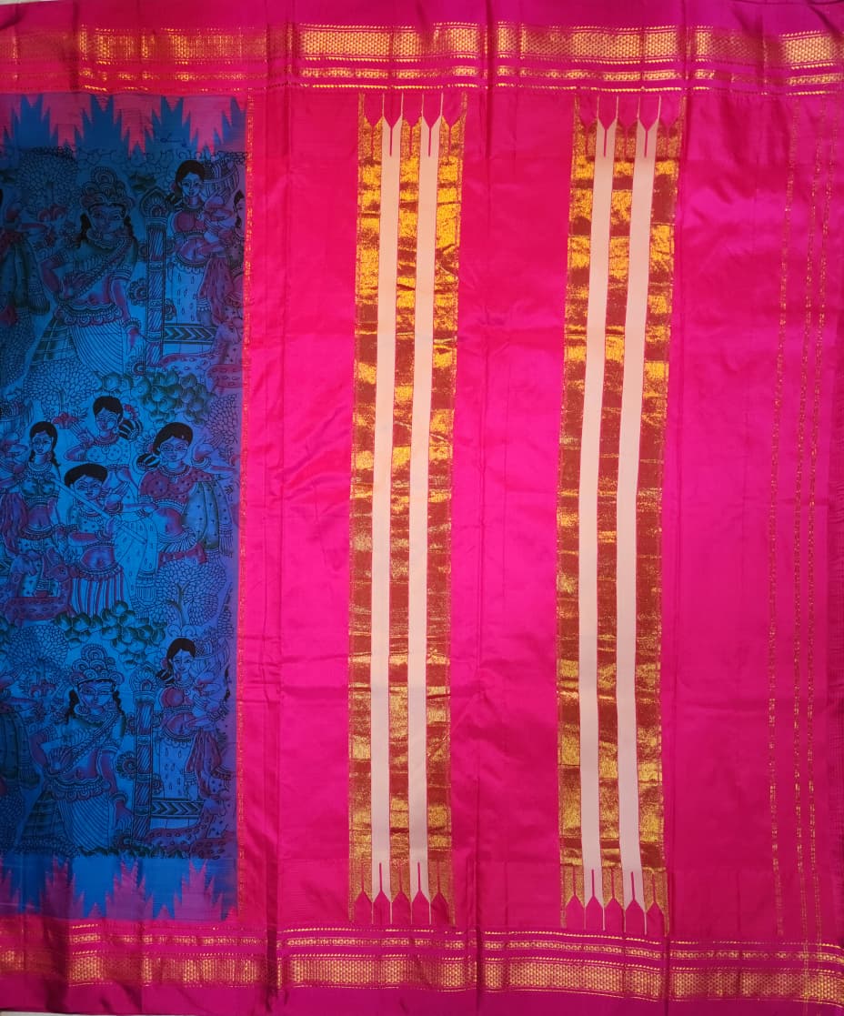 Blue Kalamkari Cotton Saree with Pink Ilkal-Inspired Border