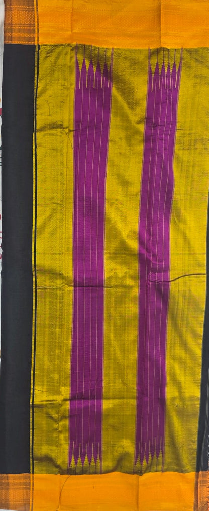Black-yellow  Ilkal Viscose Handloom Saree with Silk Pallu