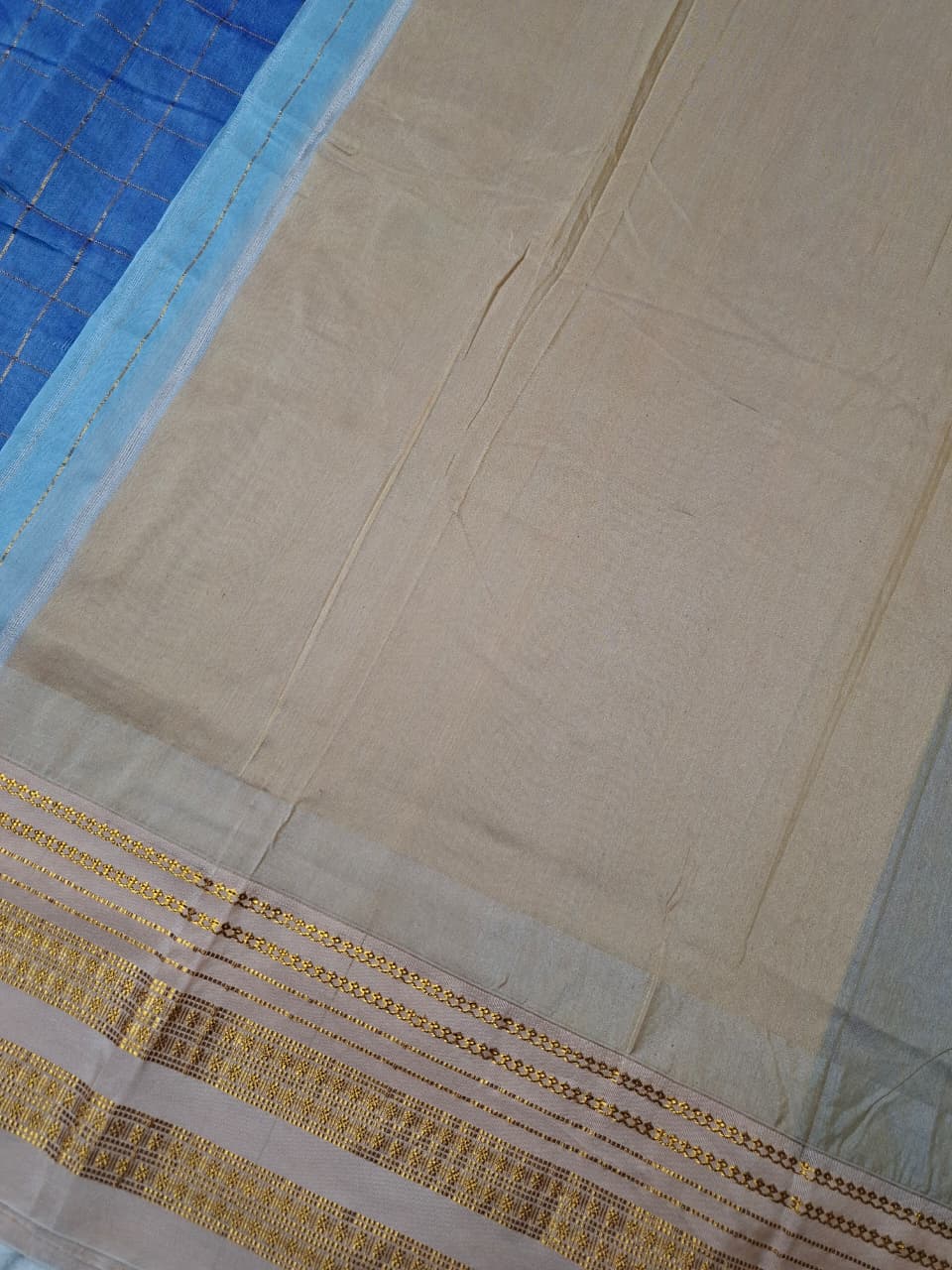 Dusty Blue Big Checks Ilkal Saree with Beige Big Border