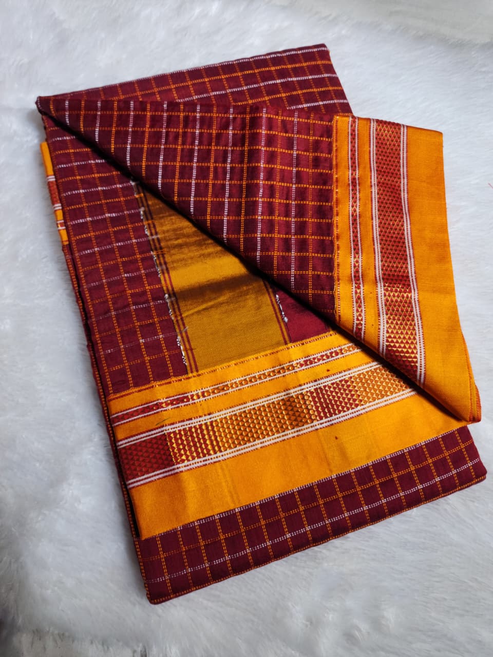 Maroon Double Checks Ilkal Cotton Saree with Mustard Zari Border