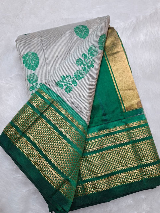 Off-white & green Ilkal Silk saree with floral weavings