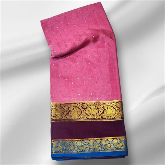 Peach Mysore Silk Saree with Gold Dots