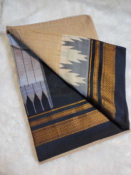 Beige Gadwal Chaduranga Ilkal Cotton Saree with Contrast Zari Border & Pallu