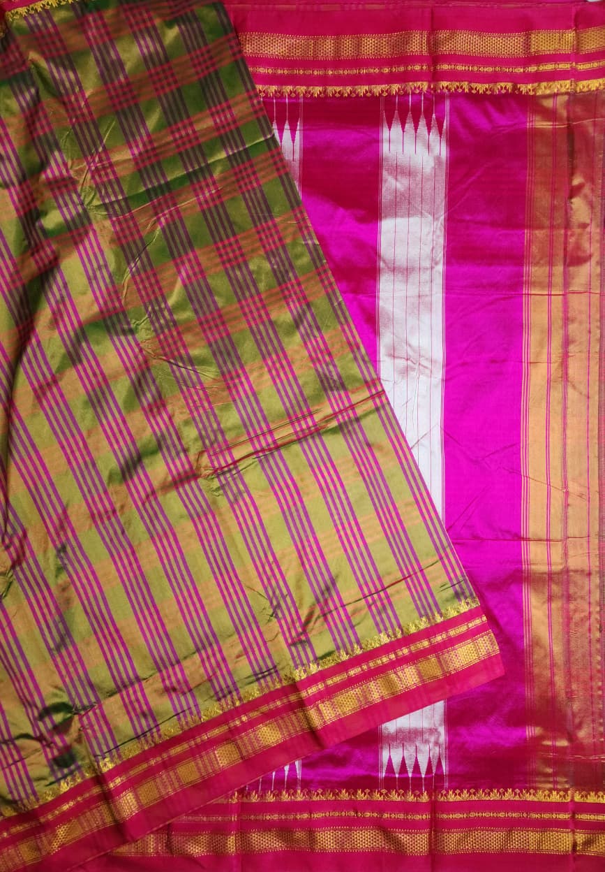 Olive Green & Magenta Big Checks Ilkal Silk Saree