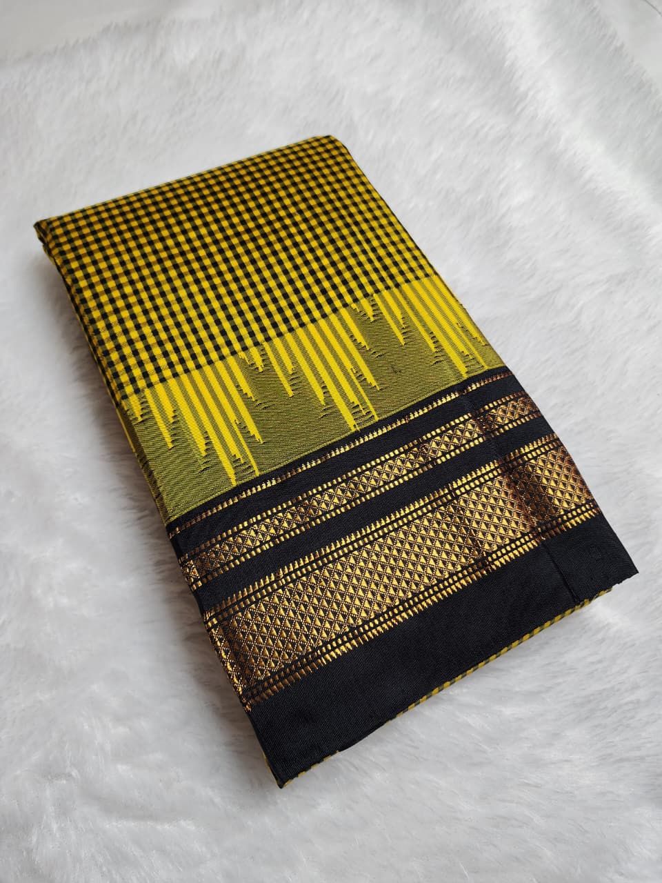 Mustard & Black Gadwal Ilkal Pure Silk Satrangi temple Checks