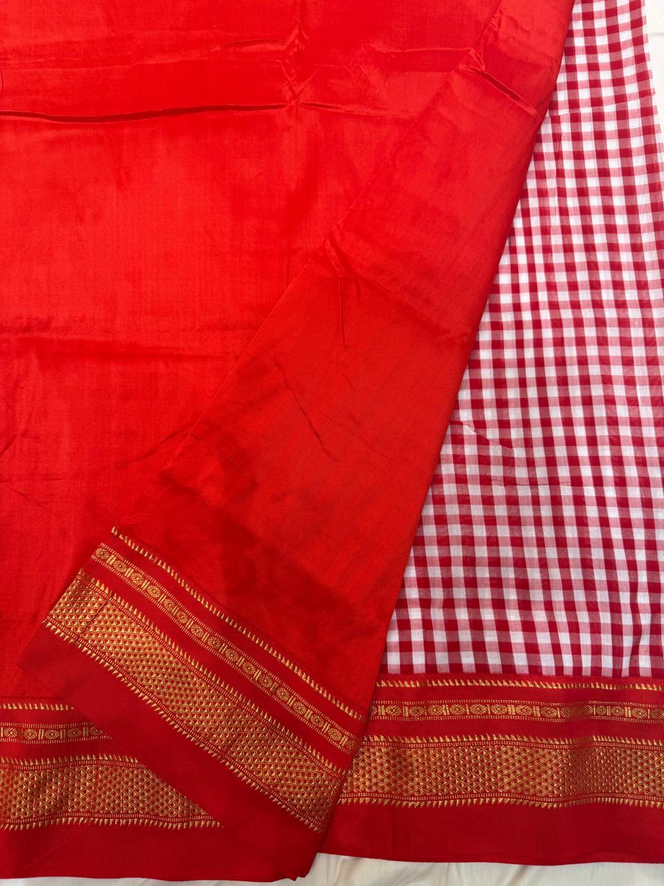 Premium Red & White Ilkal Mini Checks Saree with Gadwal border